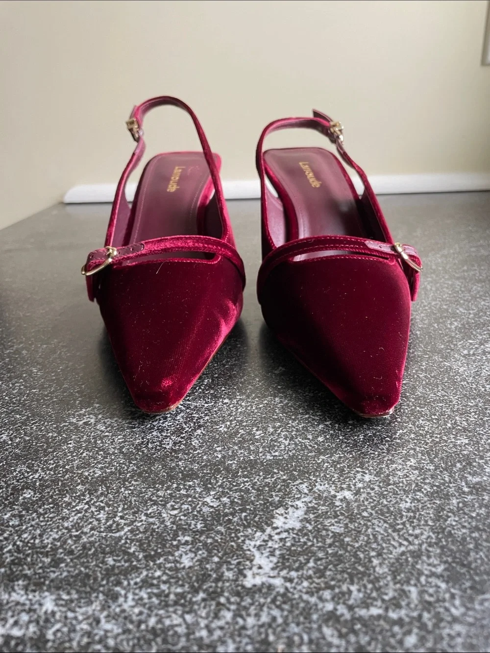 NWOT Larroude Size 7 Ines Wine Velvet Slingback Pointed-Toe Heels Burgundy